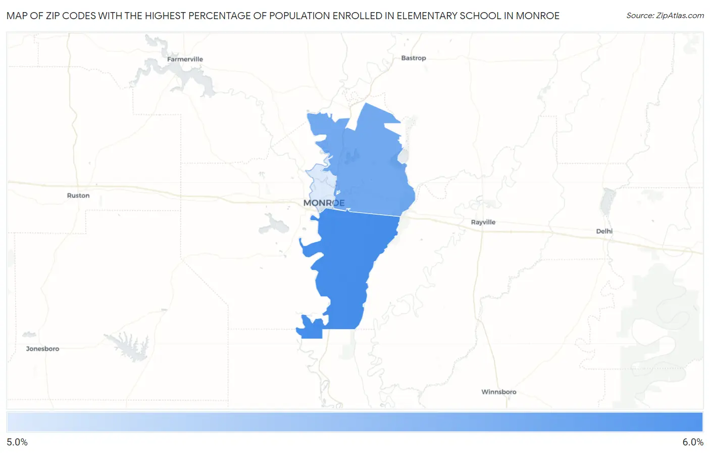 Zip Codes with the Highest Percentage of Population Enrolled in Elementary School in Monroe Map