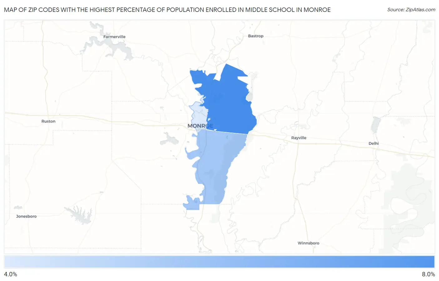 Zip Codes with the Highest Percentage of Population Enrolled in Middle School in Monroe Map