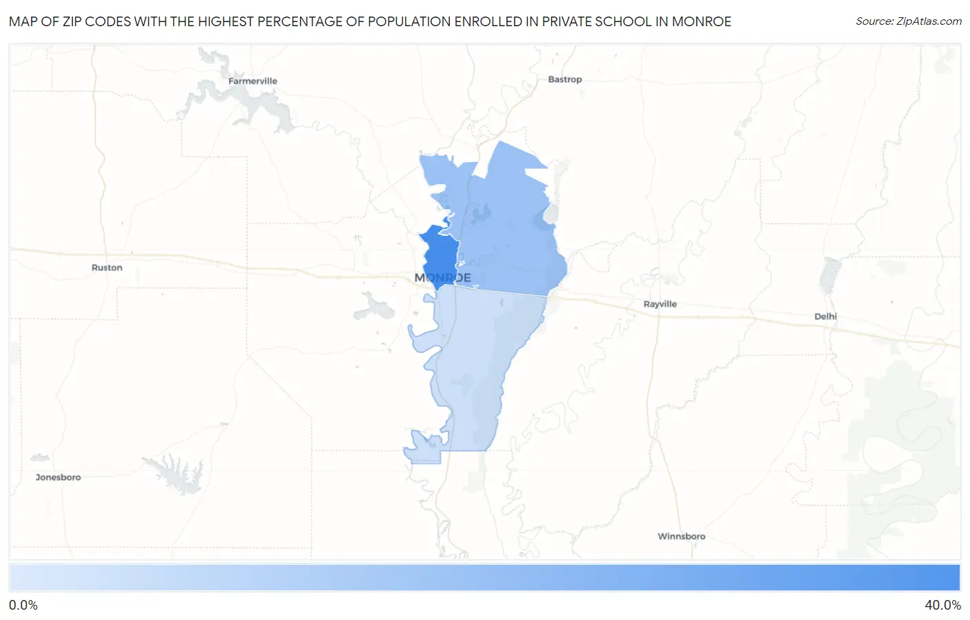 Zip Codes with the Highest Percentage of Population Enrolled in Private School in Monroe Map