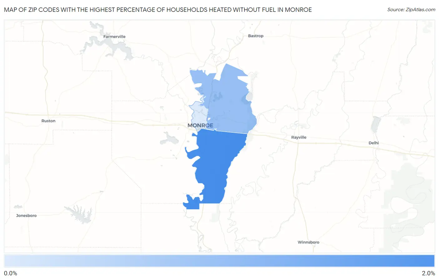 Zip Codes with the Highest Percentage of Households Heated without Fuel in Monroe Map