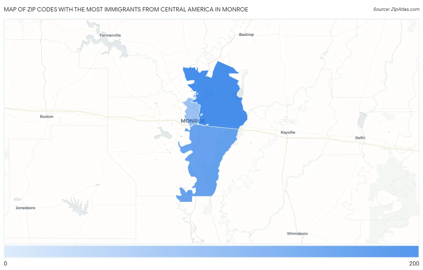Zip Codes with the Most Immigrants from Central America in Monroe Map