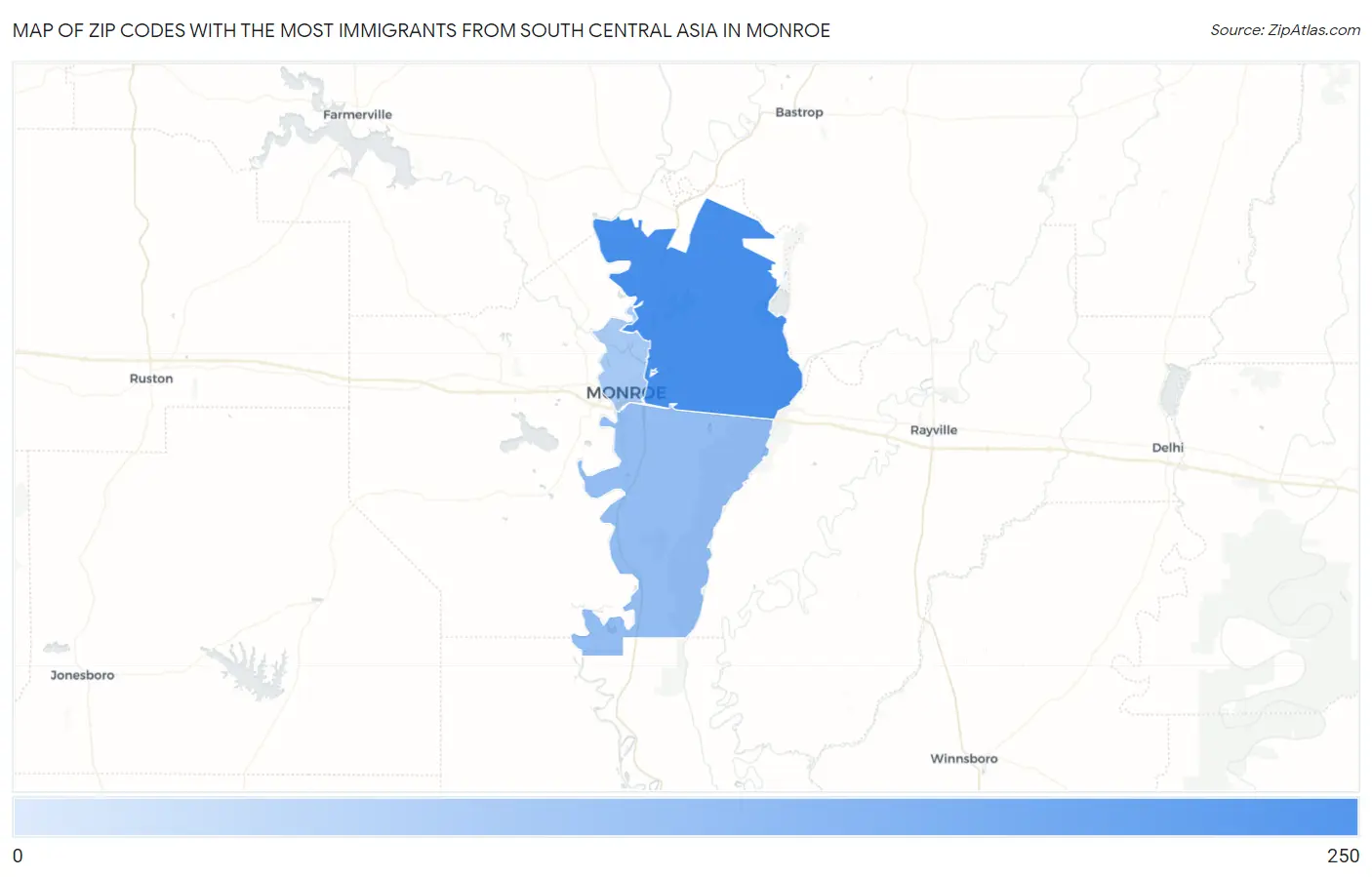 Zip Codes with the Most Immigrants from South Central Asia in Monroe Map