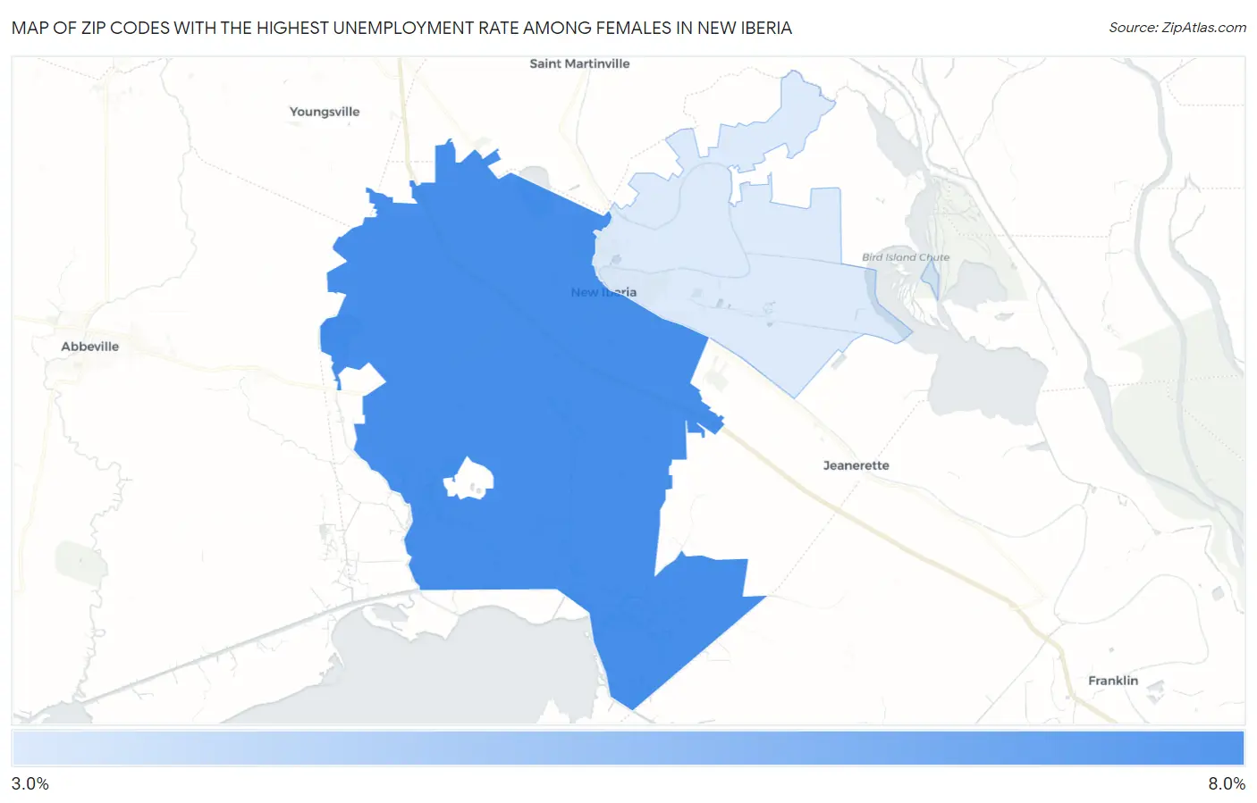 Zip Codes with the Highest Unemployment Rate Among Females in New Iberia Map