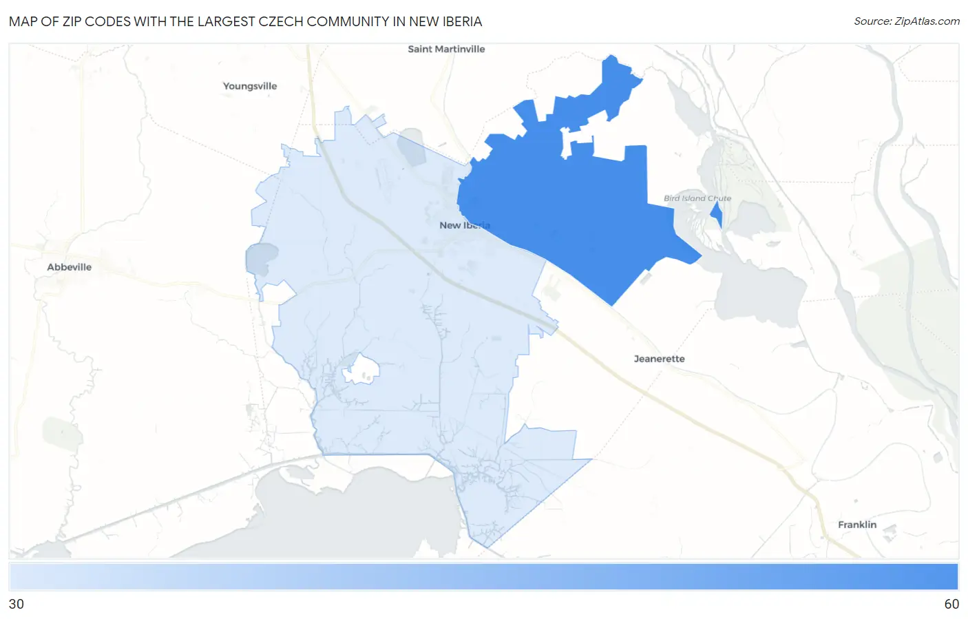 Zip Codes with the Largest Czech Community in New Iberia Map