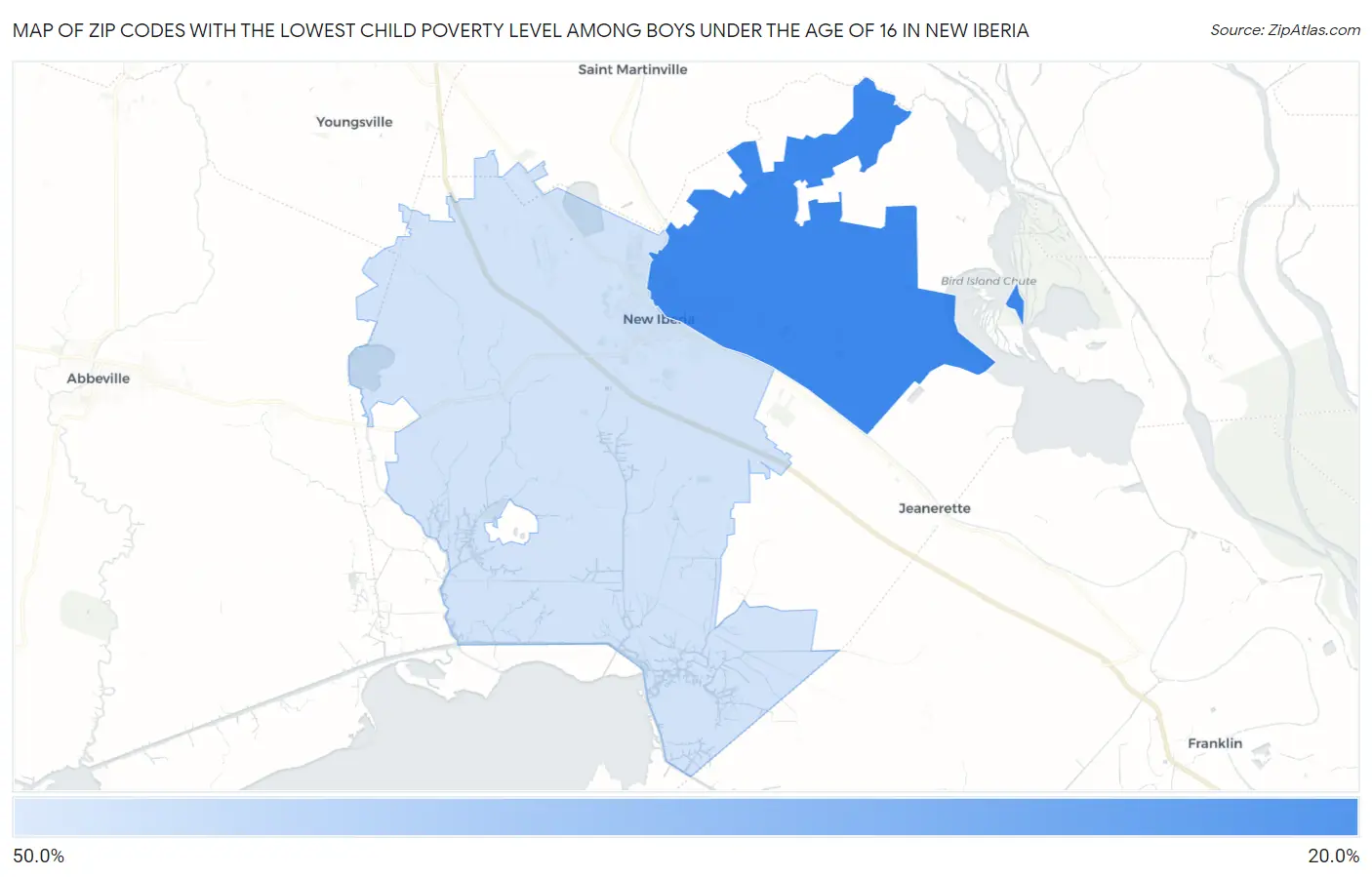 Zip Codes with the Lowest Child Poverty Level Among Boys Under the Age of 16 in New Iberia Map