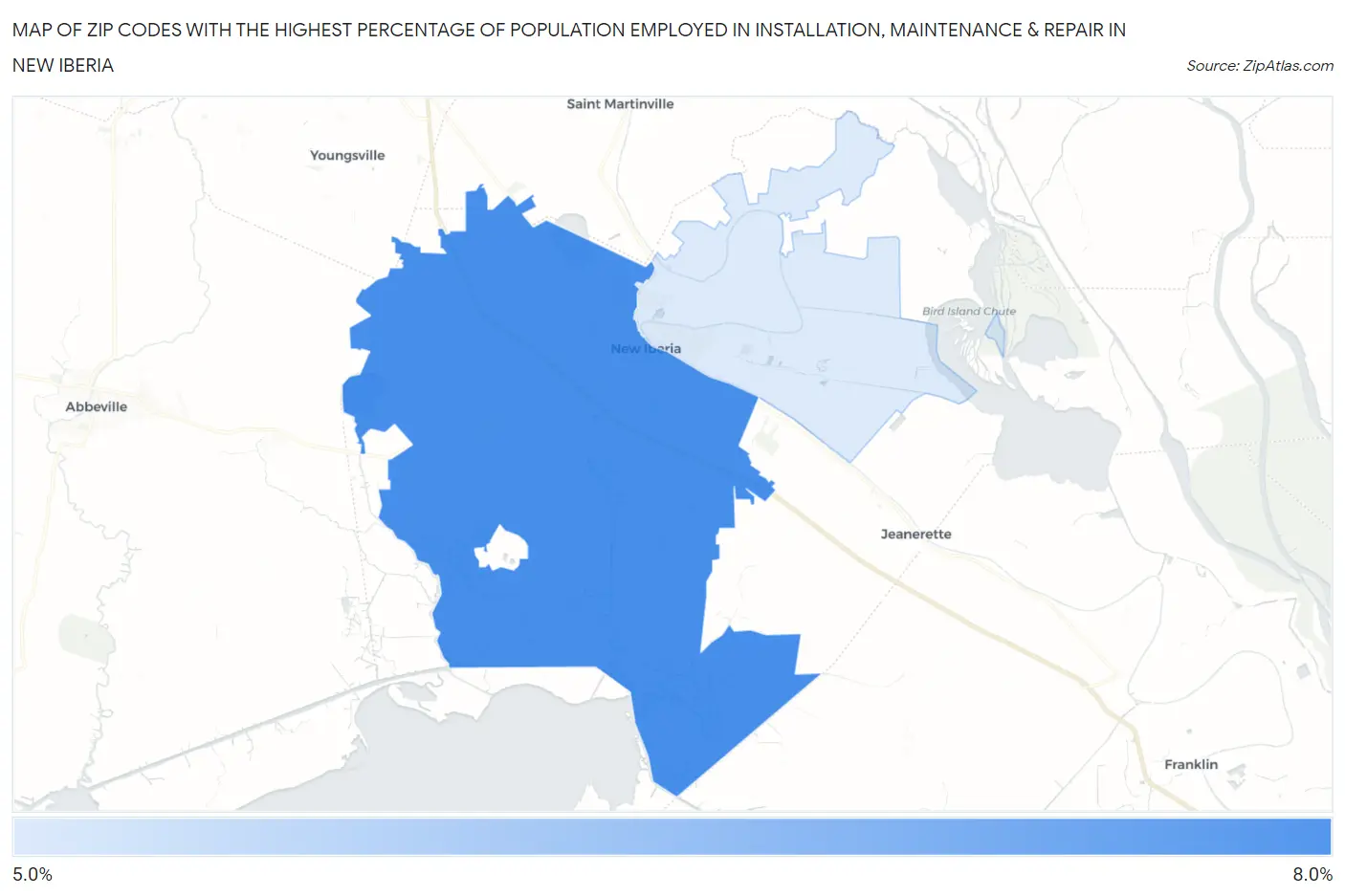 Zip Codes with the Highest Percentage of Population Employed in Installation, Maintenance & Repair in New Iberia Map