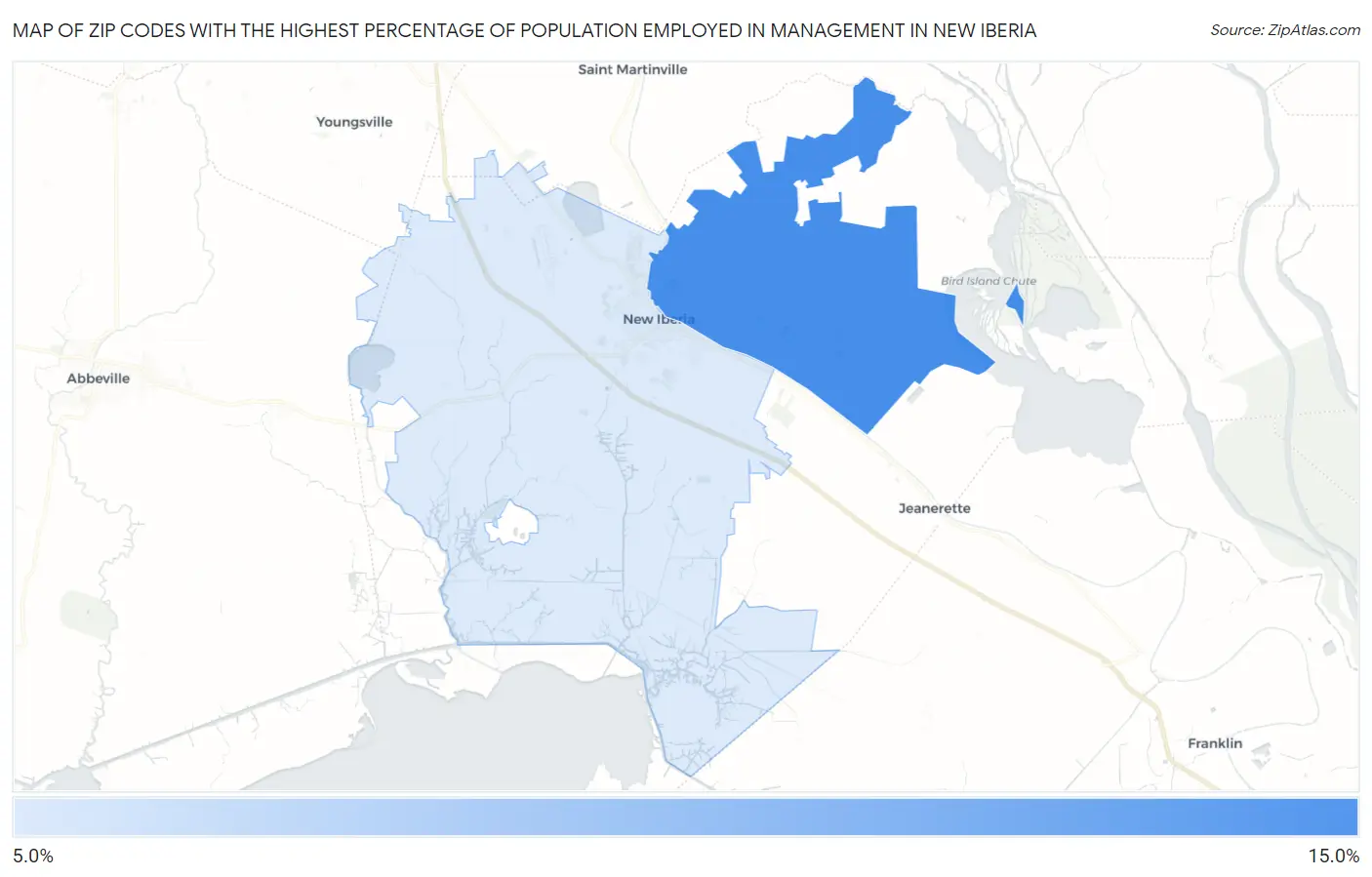 Zip Codes with the Highest Percentage of Population Employed in Management in New Iberia Map