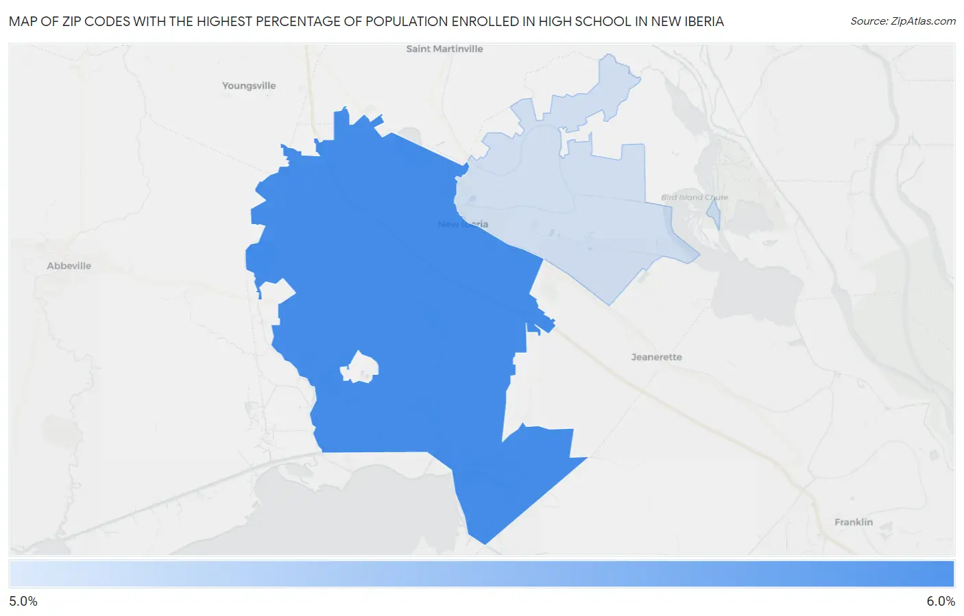 Zip Codes with the Highest Percentage of Population Enrolled in High School in New Iberia Map
