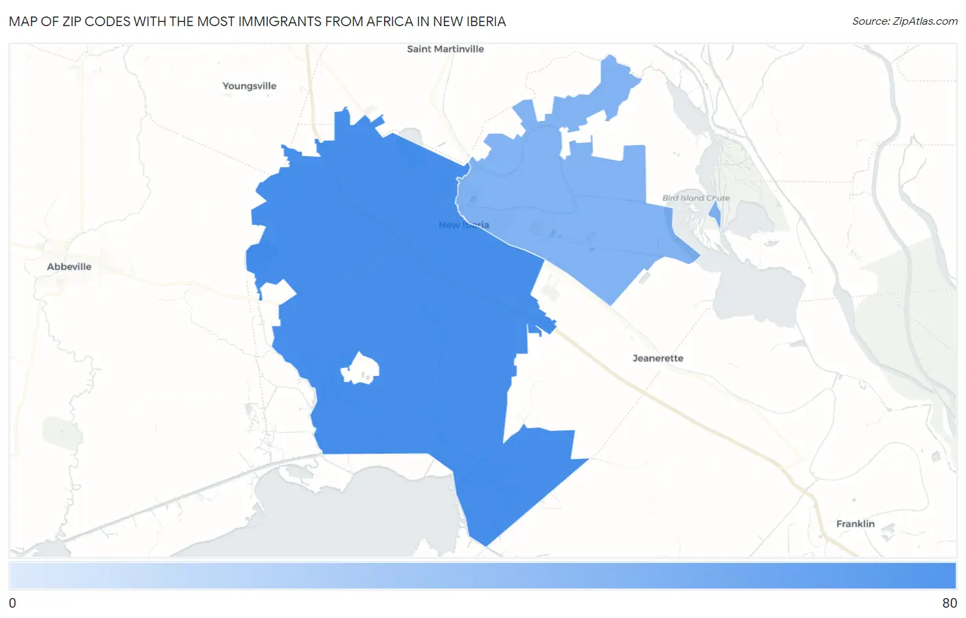 Zip Codes with the Most Immigrants from Africa in New Iberia Map