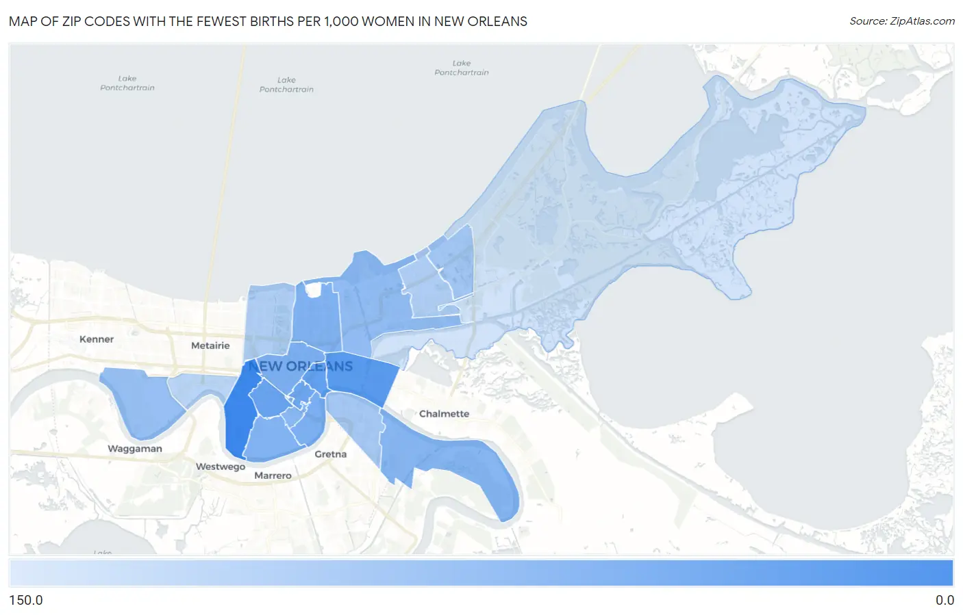 Zip Codes with the Fewest Births per 1,000 Women in New Orleans Map