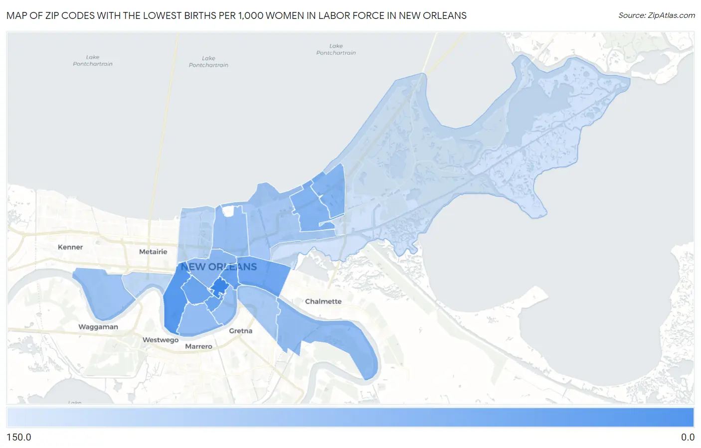 Zip Codes with the Lowest Births per 1,000 Women in Labor Force in New Orleans Map