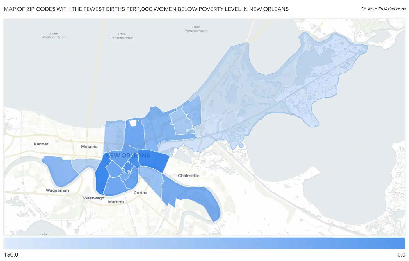 Zip Codes with the Fewest Births per 1,000 Women Below Poverty Level in New Orleans Map
