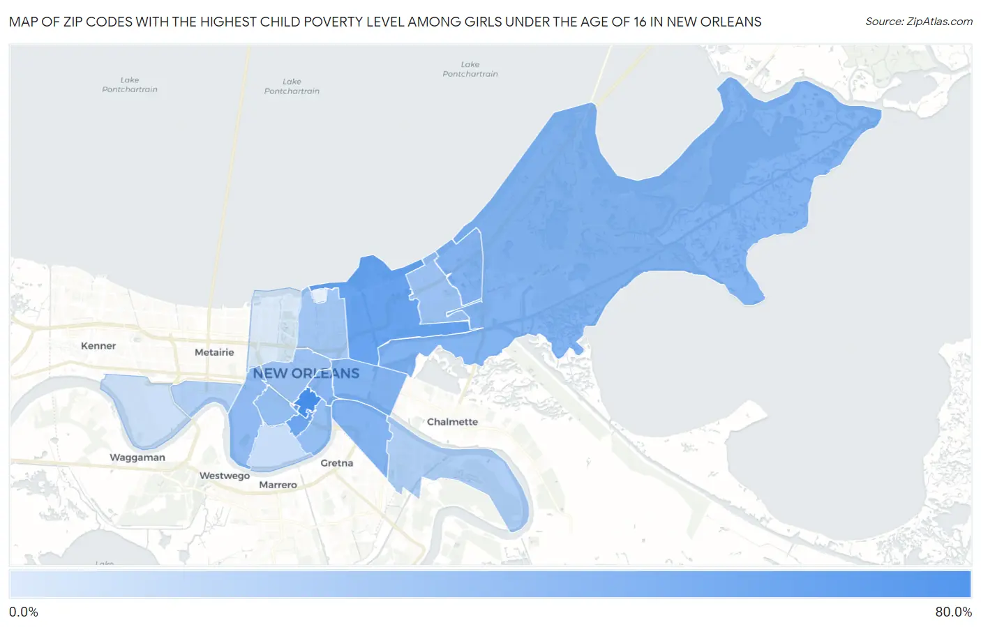 Zip Codes with the Highest Child Poverty Level Among Girls Under the Age of 16 in New Orleans Map