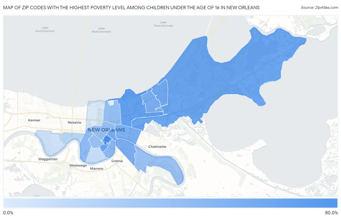 Zip Codes with the Highest Poverty Level Among Children Under the Age of 16 in New Orleans Map