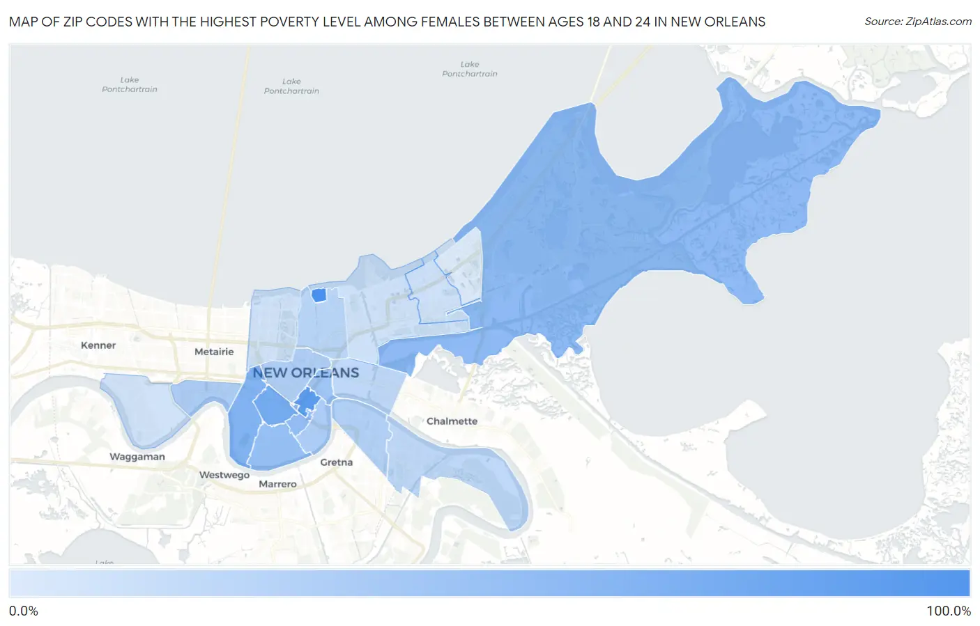 Zip Codes with the Highest Poverty Level Among Females Between Ages 18 and 24 in New Orleans Map