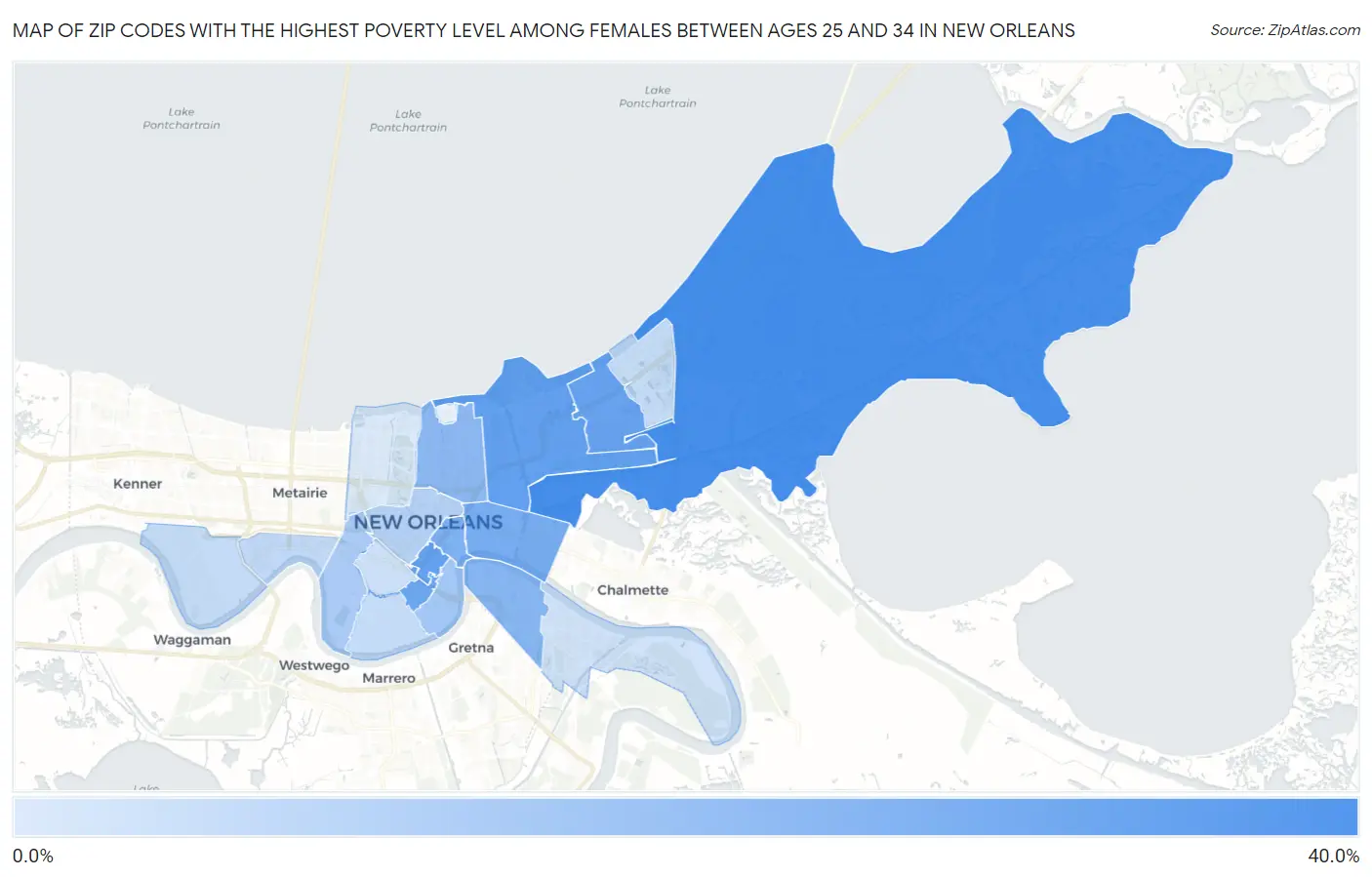 Zip Codes with the Highest Poverty Level Among Females Between Ages 25 and 34 in New Orleans Map
