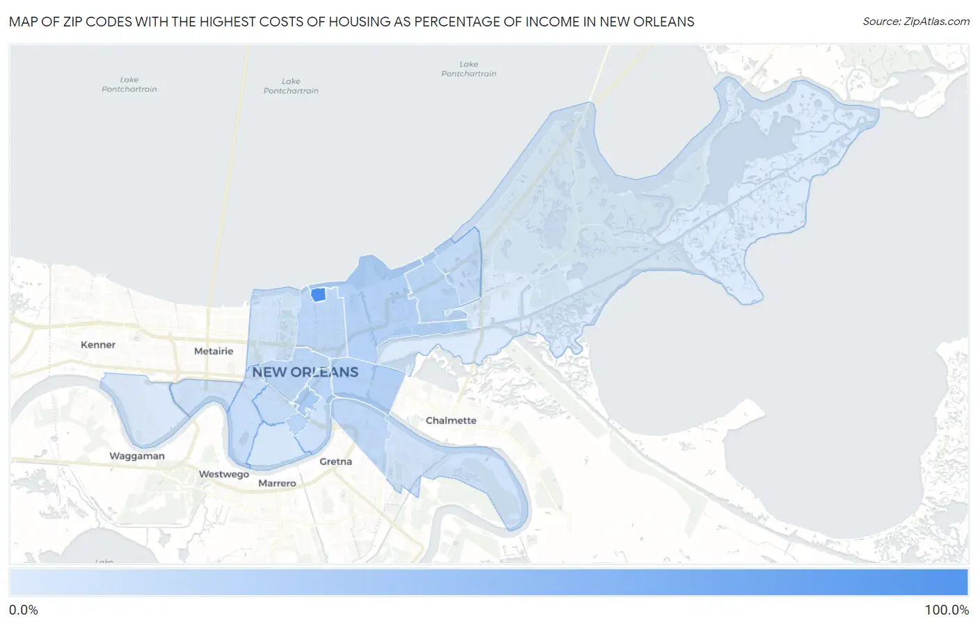 Zip Codes with the Highest Costs of Housing as Percentage of Income in New Orleans Map