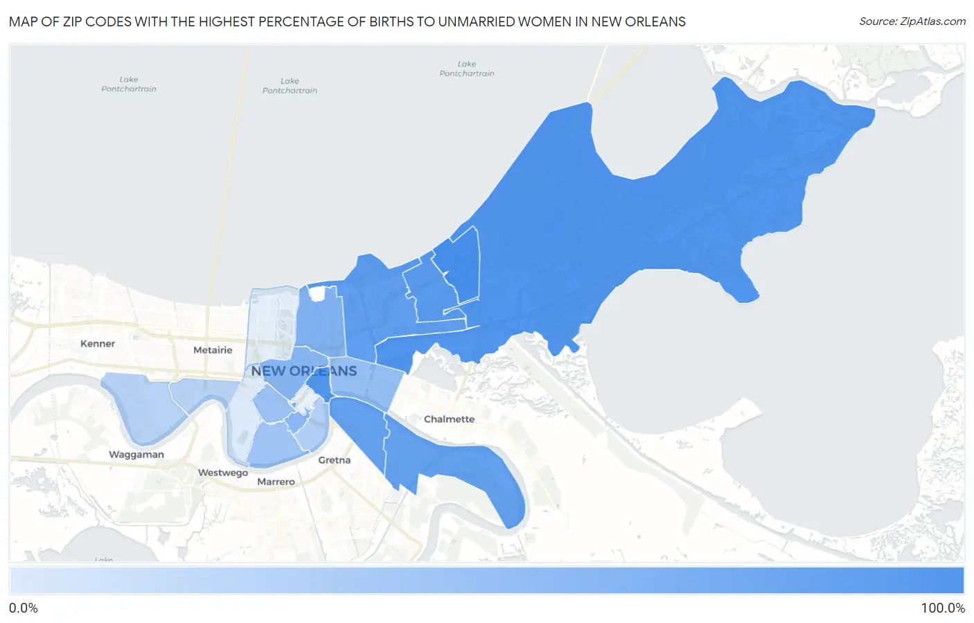 Zip Codes with the Highest Percentage of Births to Unmarried Women in New Orleans Map