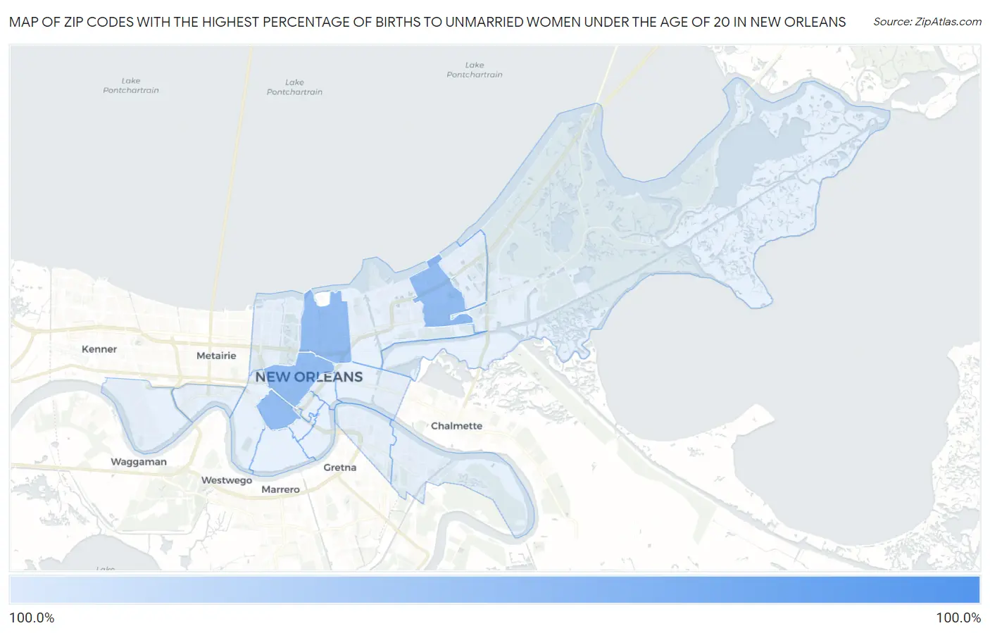 Zip Codes with the Highest Percentage of Births to Unmarried Women under the Age of 20 in New Orleans Map