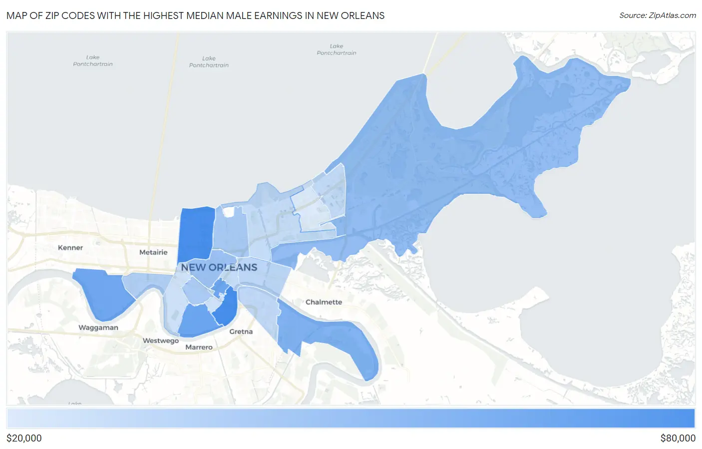 Zip Codes with the Highest Median Male Earnings in New Orleans Map
