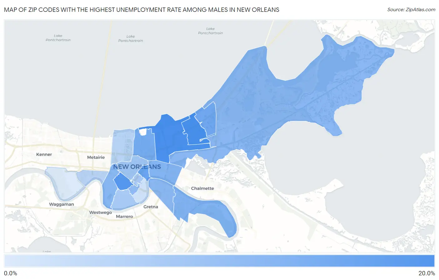 Zip Codes with the Highest Unemployment Rate Among Males in New Orleans Map