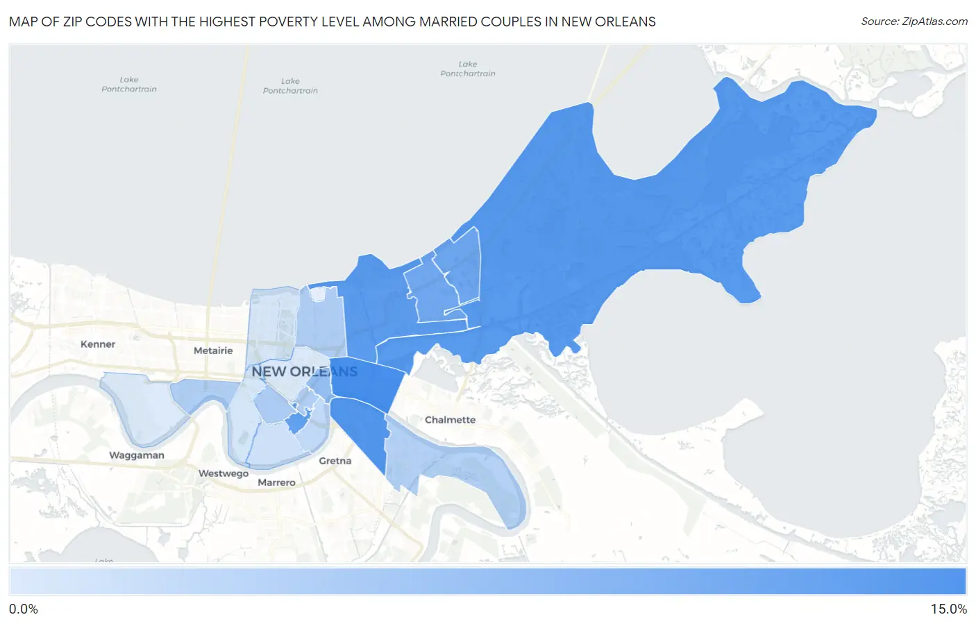 Zip Codes with the Highest Poverty Level Among Married Couples in New Orleans Map