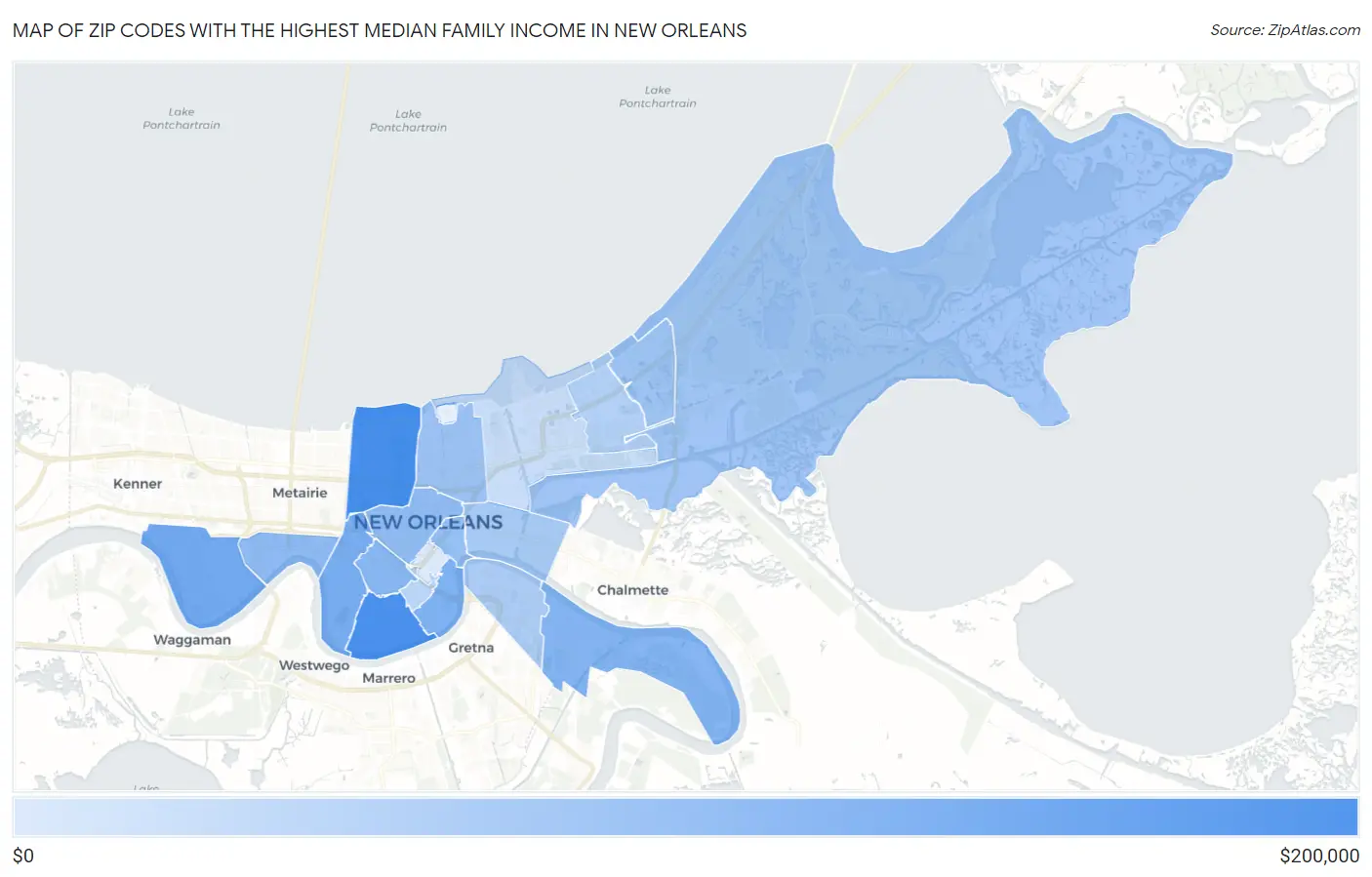 Zip Codes with the Highest Median Family Income in New Orleans Map