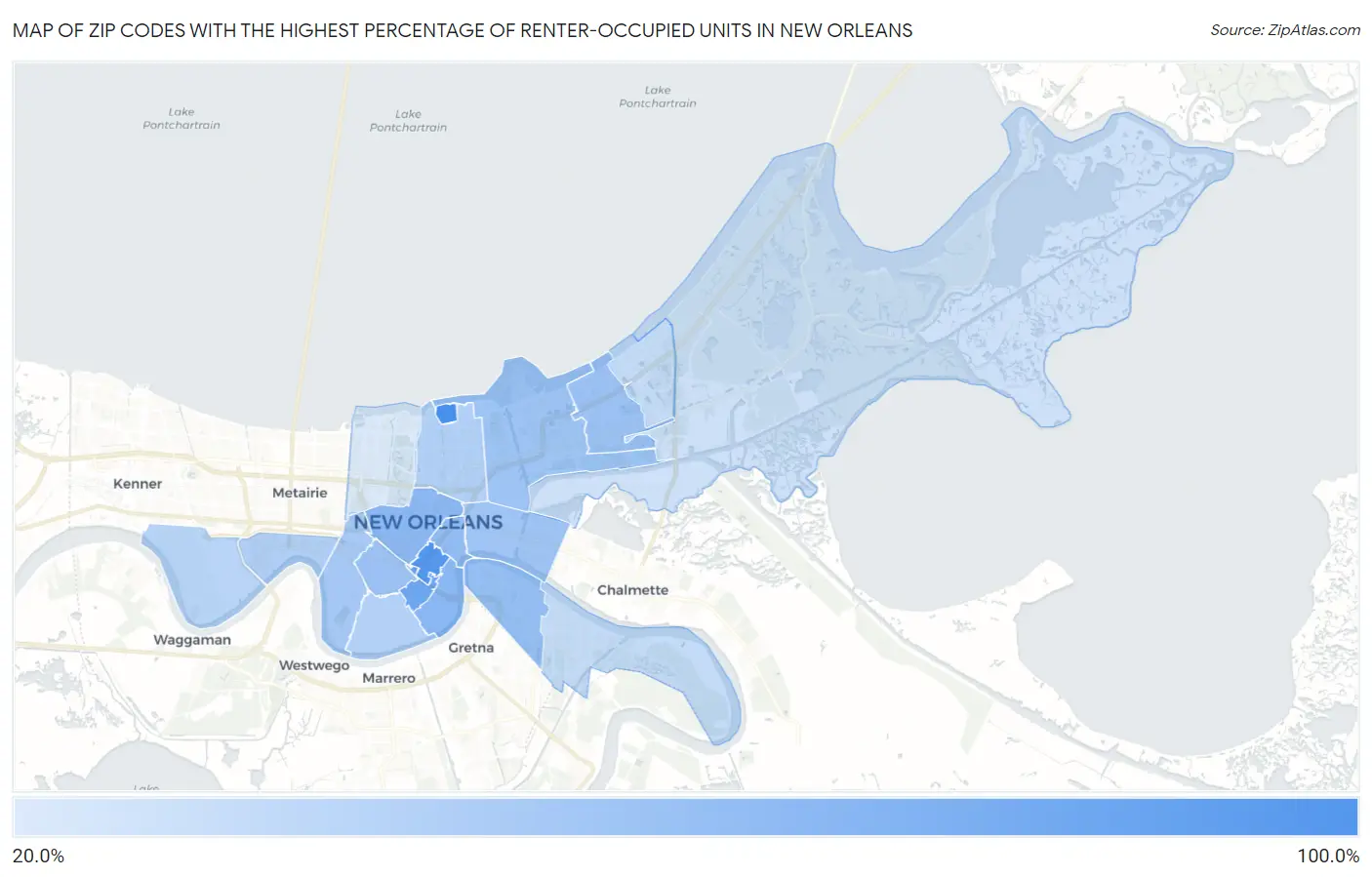Zip Codes with the Highest Percentage of Renter-Occupied Units in New Orleans Map
