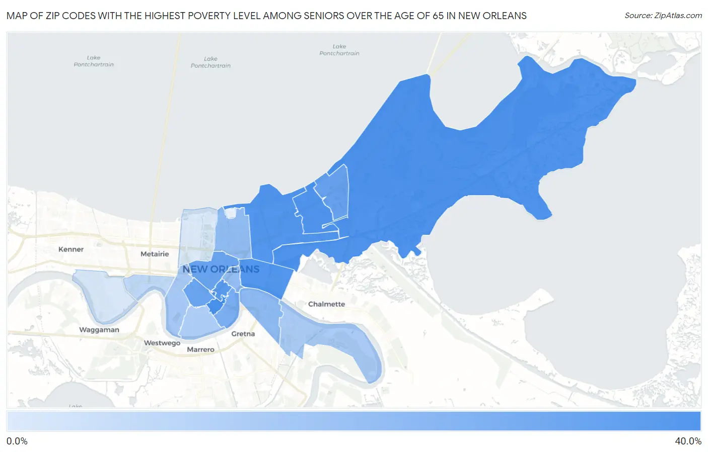 Zip Codes with the Highest Poverty Level Among Seniors Over the Age of 65 in New Orleans Map