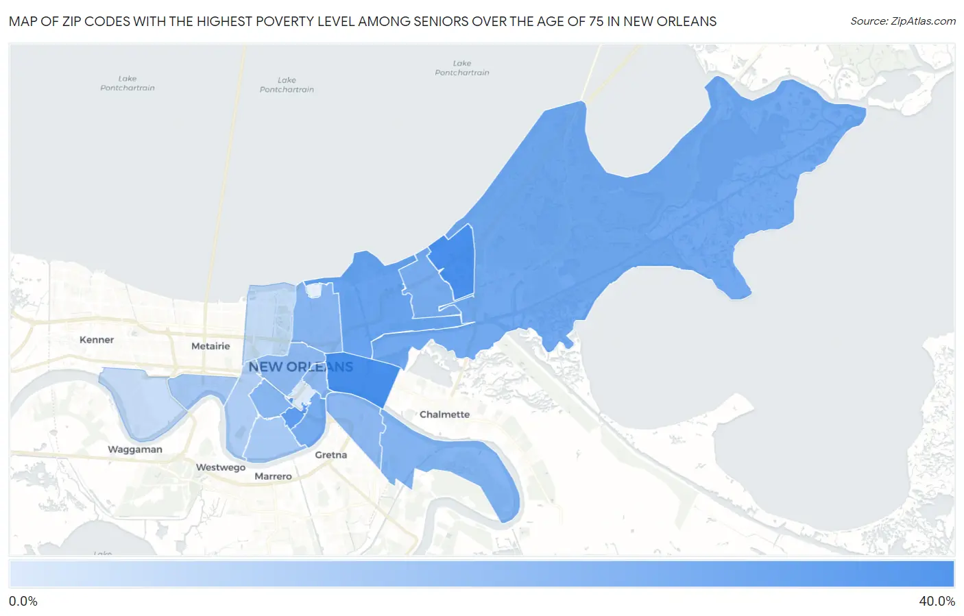 Zip Codes with the Highest Poverty Level Among Seniors Over the Age of 75 in New Orleans Map