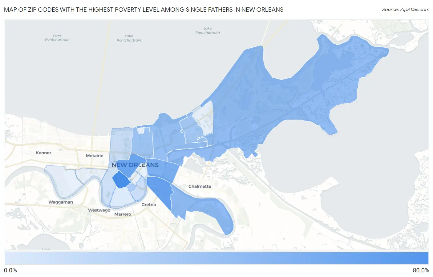Zip Codes with the Highest Poverty Level Among Single Fathers in New Orleans Map