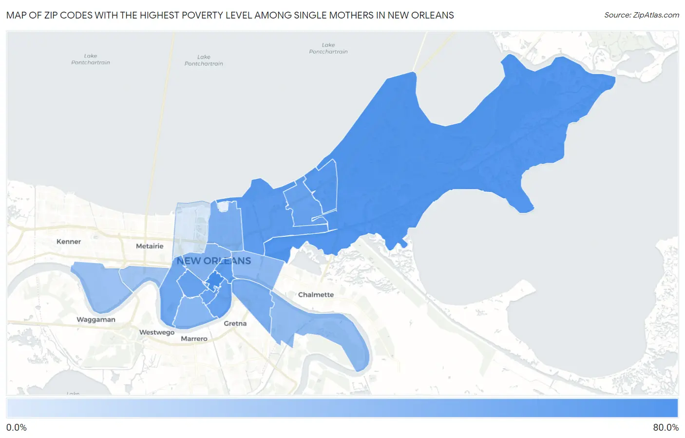 Zip Codes with the Highest Poverty Level Among Single Mothers in New Orleans Map