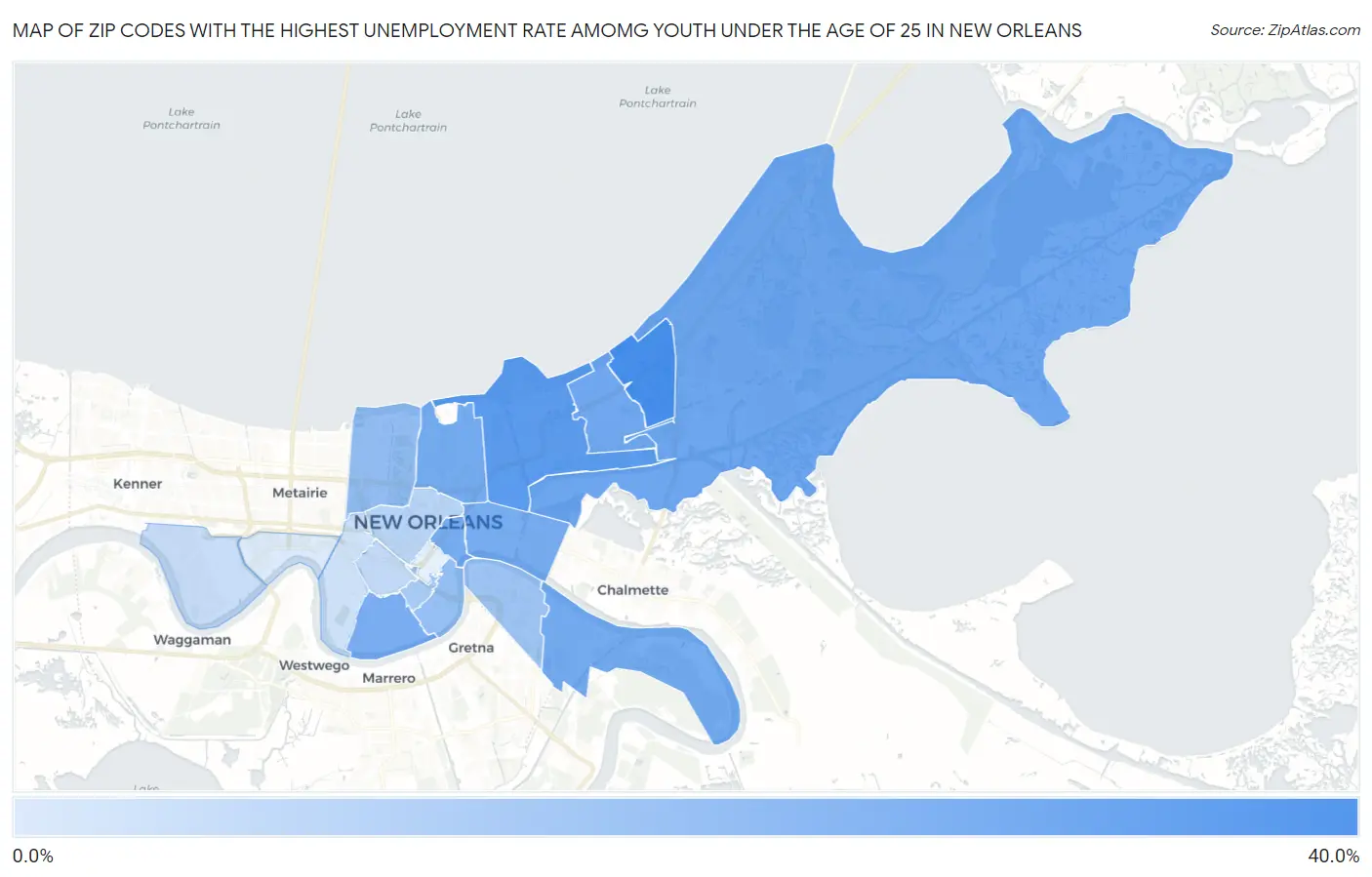 Zip Codes with the Highest Unemployment Rate Amomg Youth Under the Age of 25 in New Orleans Map