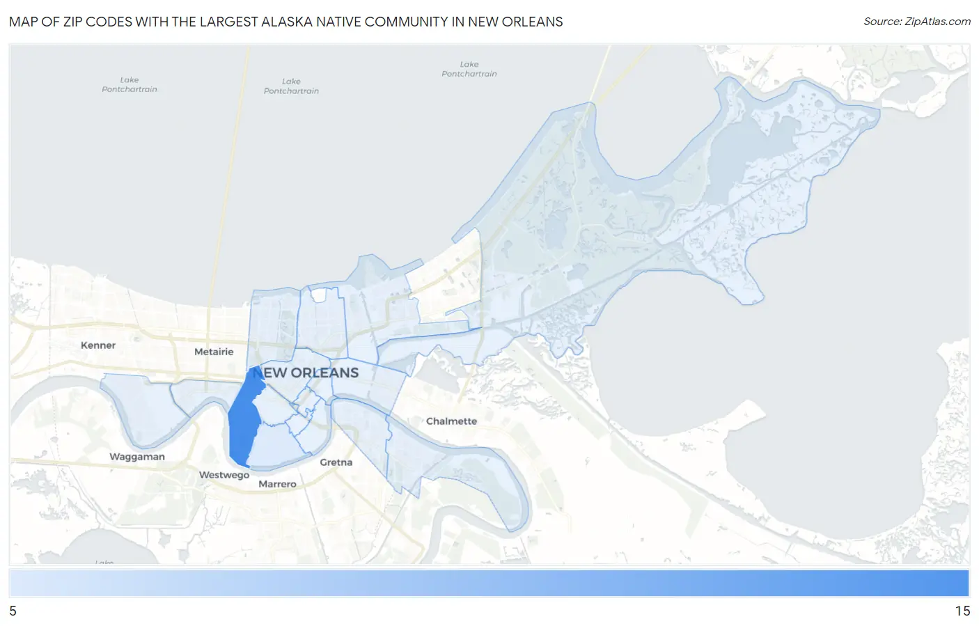 Zip Codes with the Largest Alaska Native Community in New Orleans Map