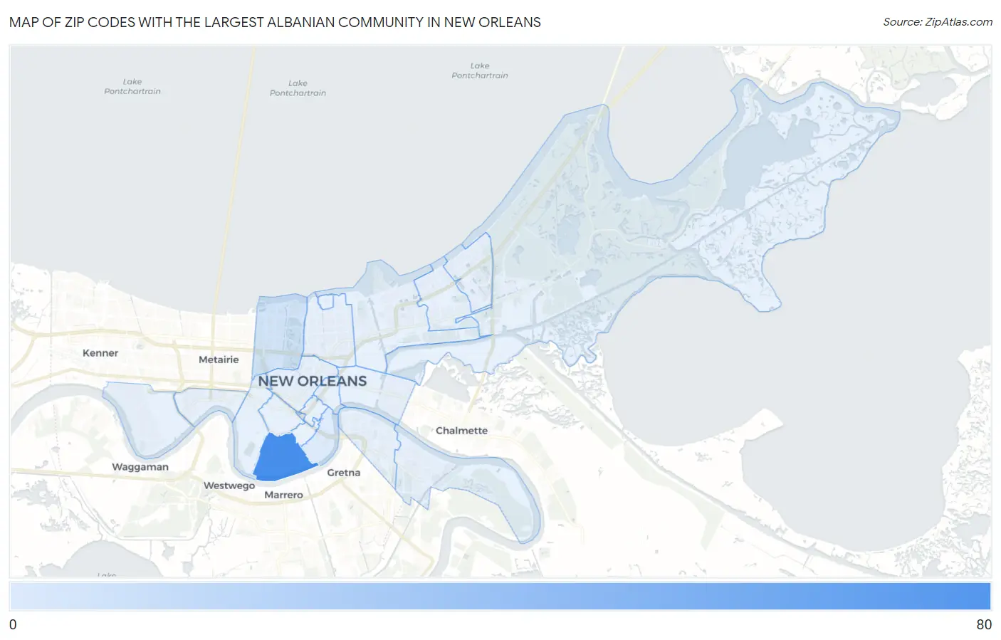 Zip Codes with the Largest Albanian Community in New Orleans Map