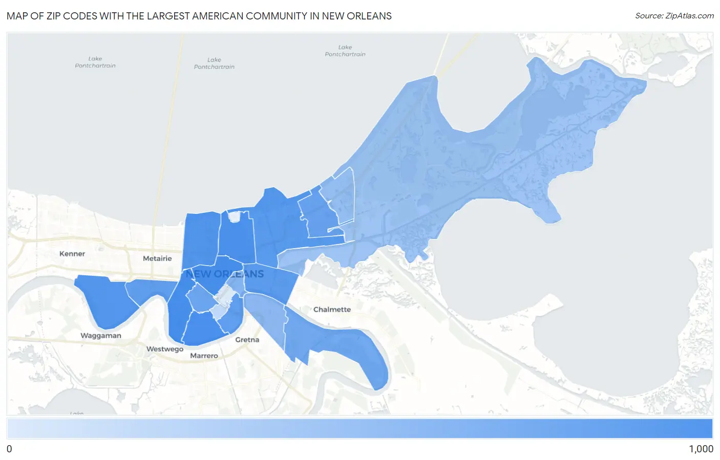 Zip Codes with the Largest American Community in New Orleans Map