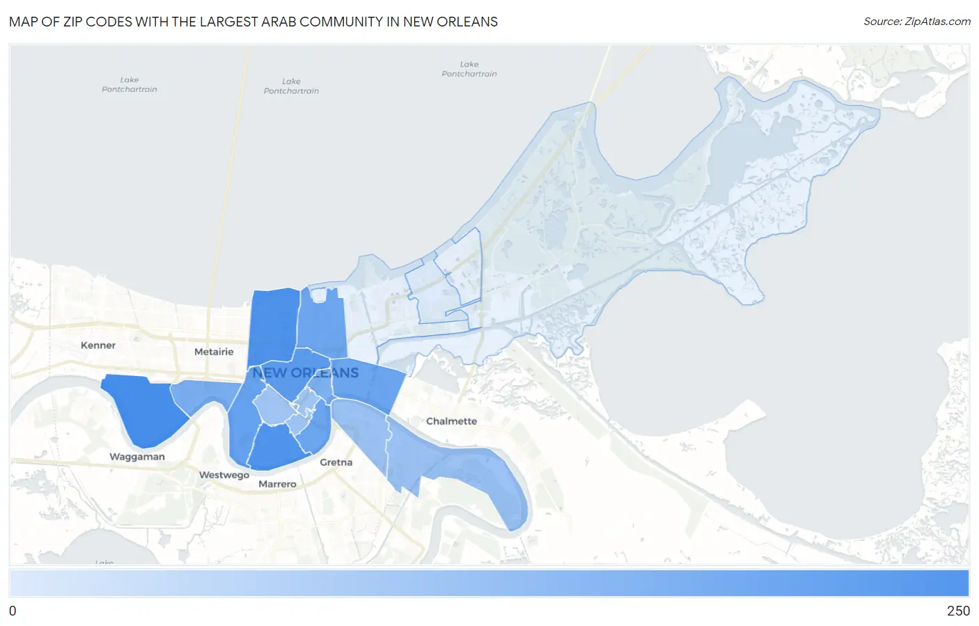 Zip Codes with the Largest Arab Community in New Orleans Map