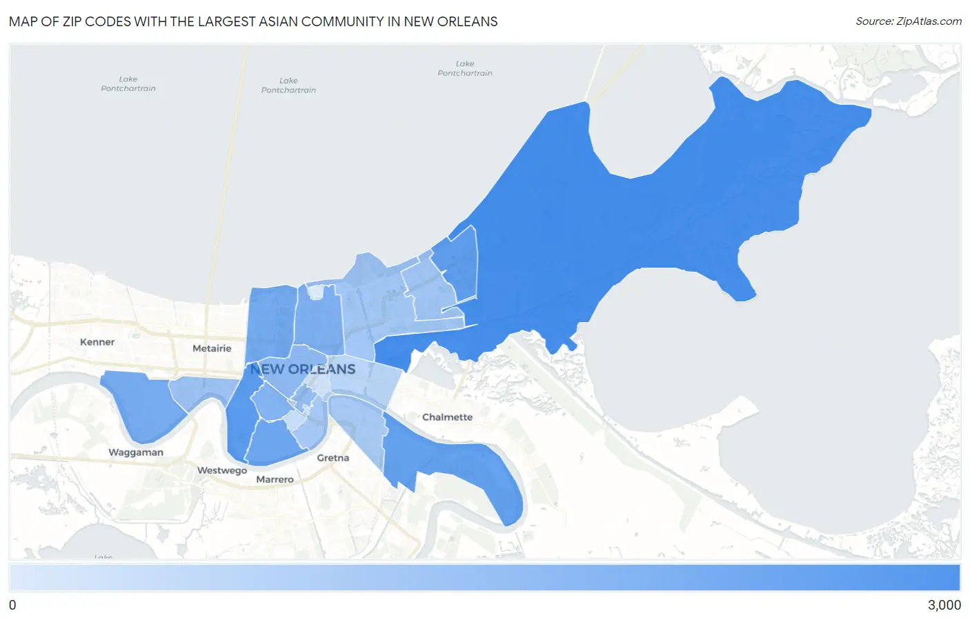 Zip Codes with the Largest Asian Community in New Orleans Map