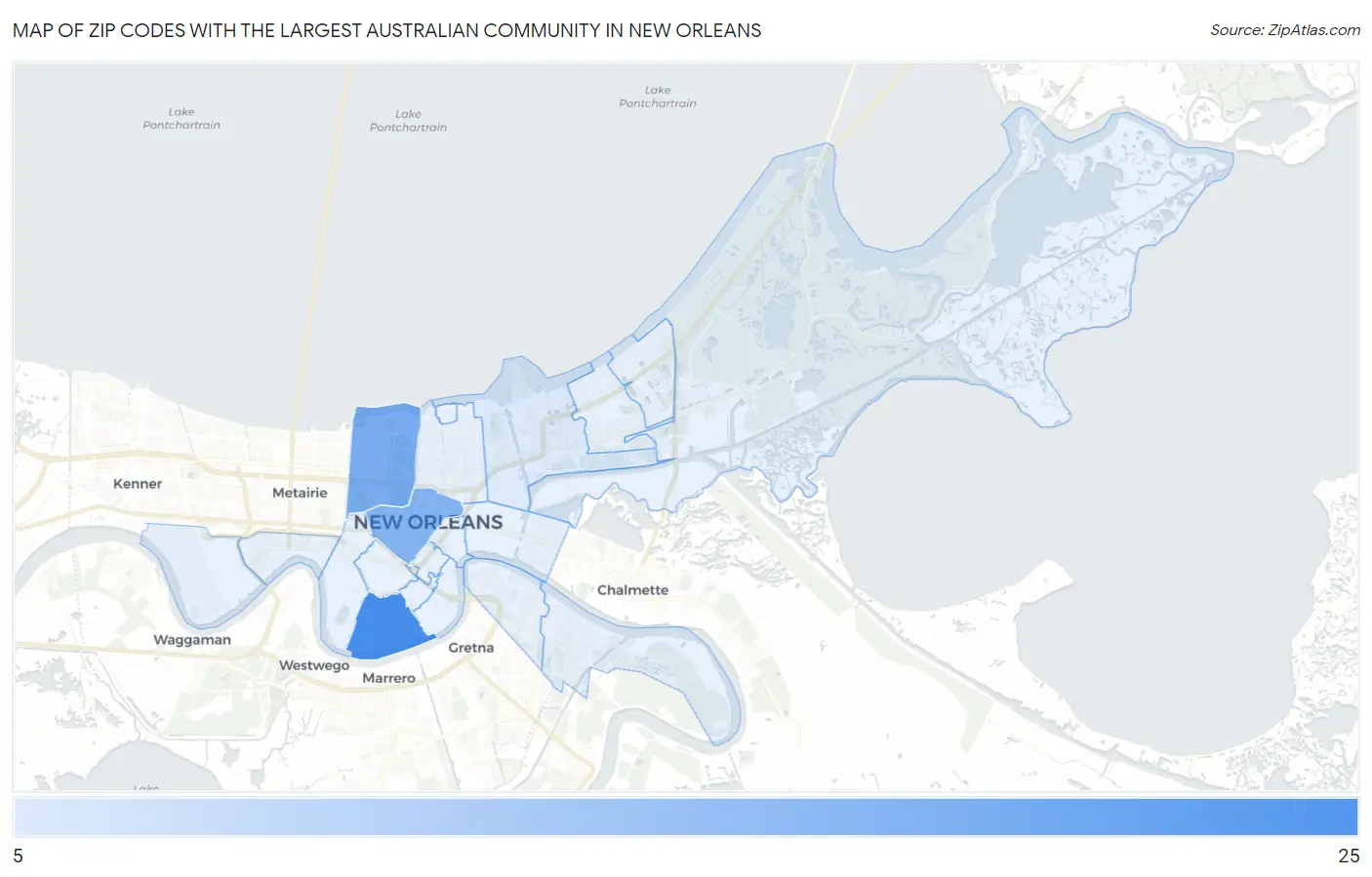 Zip Codes with the Largest Australian Community in New Orleans Map