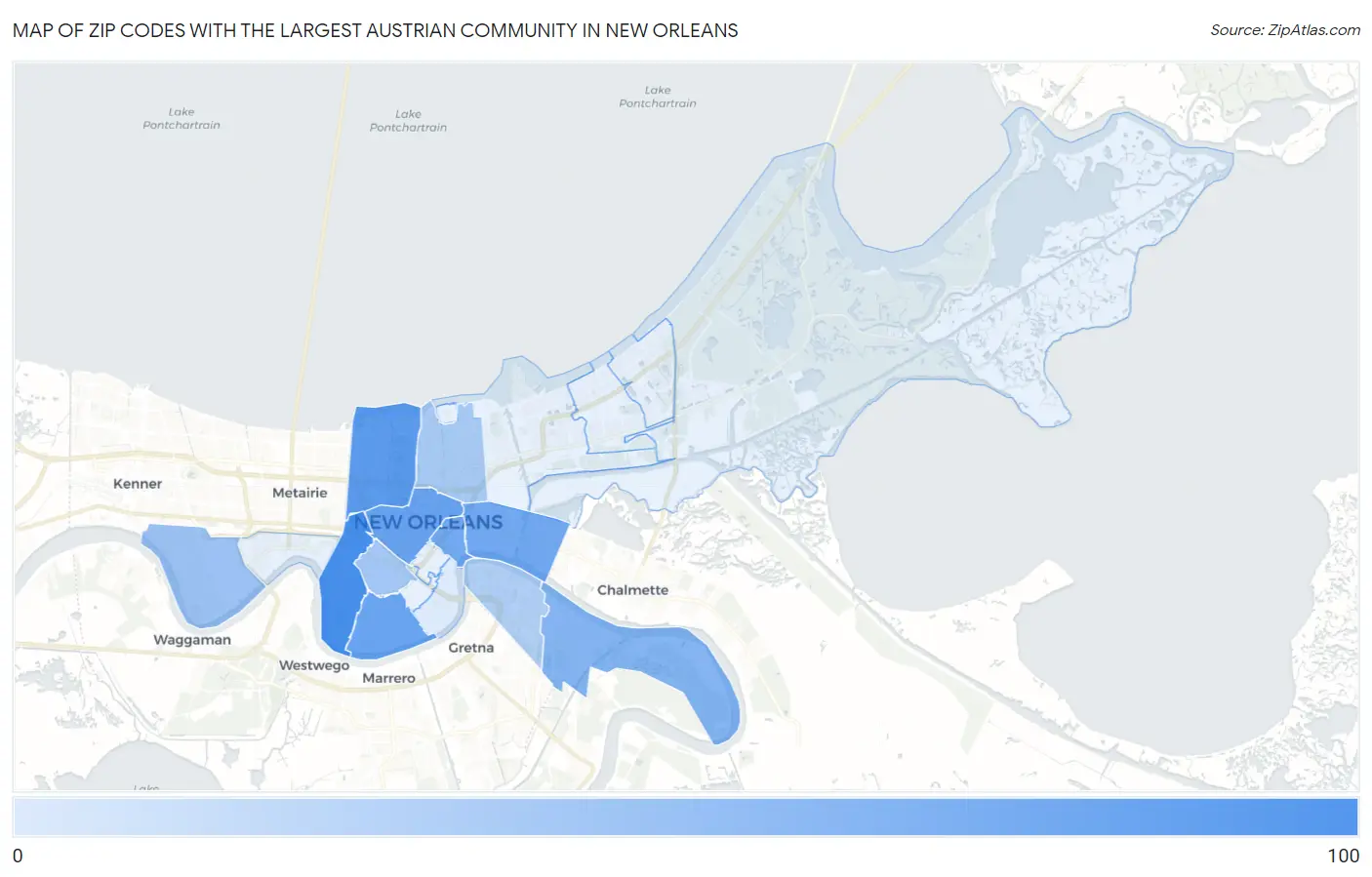 Zip Codes with the Largest Austrian Community in New Orleans Map