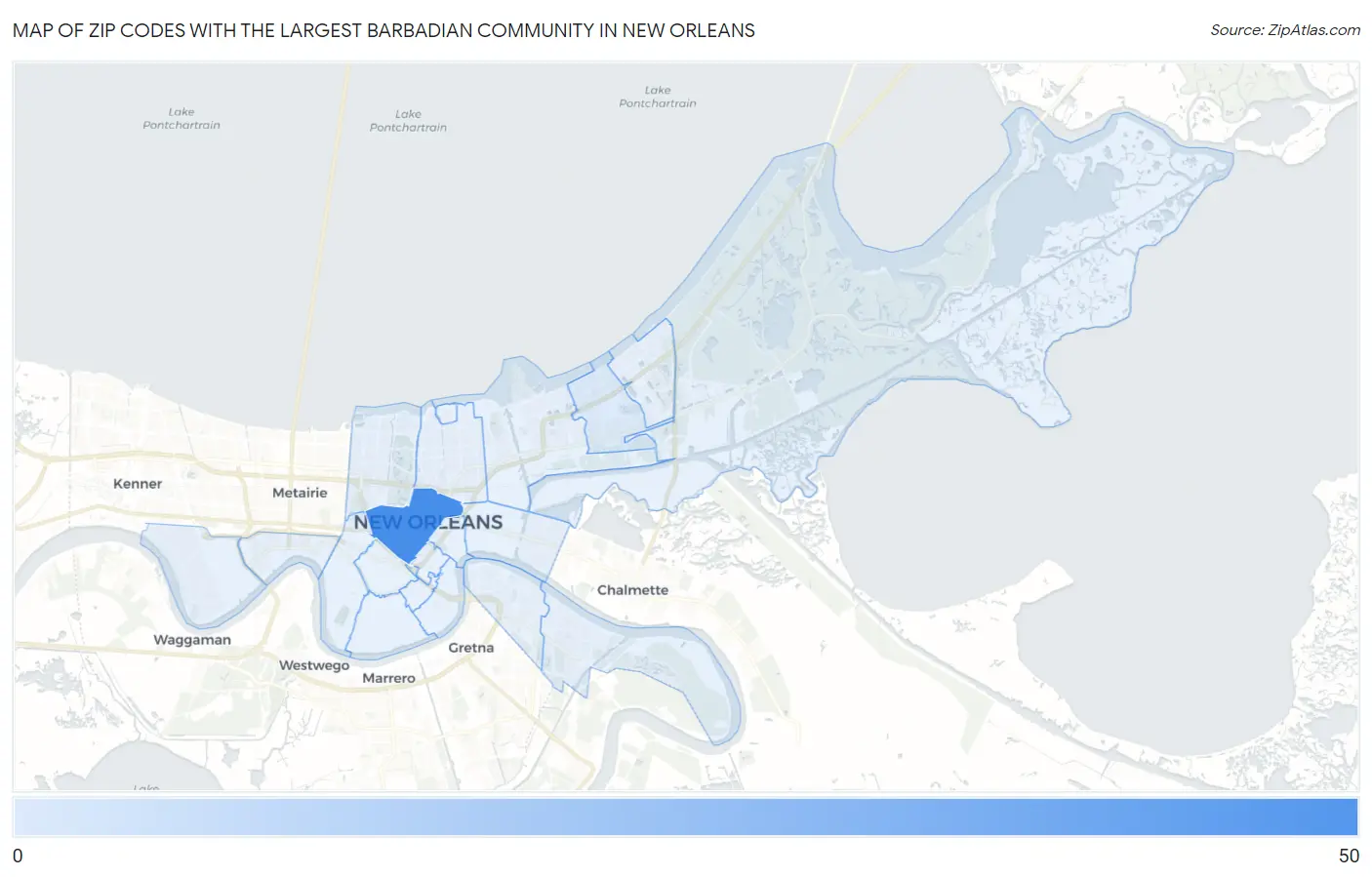 Zip Codes with the Largest Barbadian Community in New Orleans Map