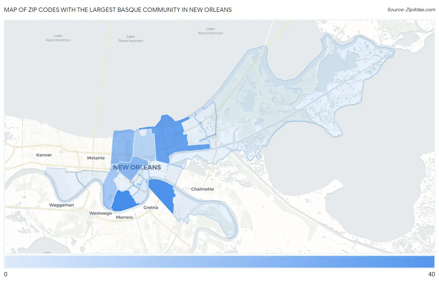 Zip Codes with the Largest Basque Community in New Orleans Map