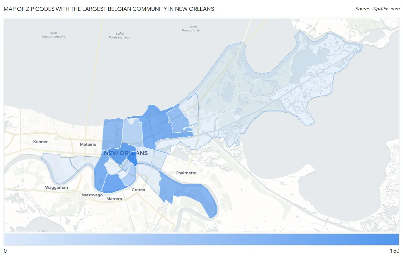 Zip Codes with the Largest Belgian Community in New Orleans Map