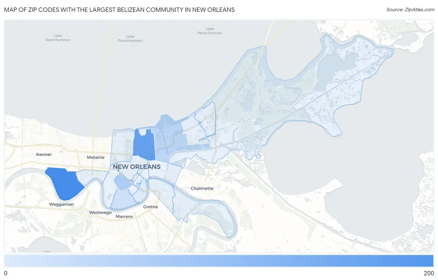 Zip Codes with the Largest Belizean Community in New Orleans Map