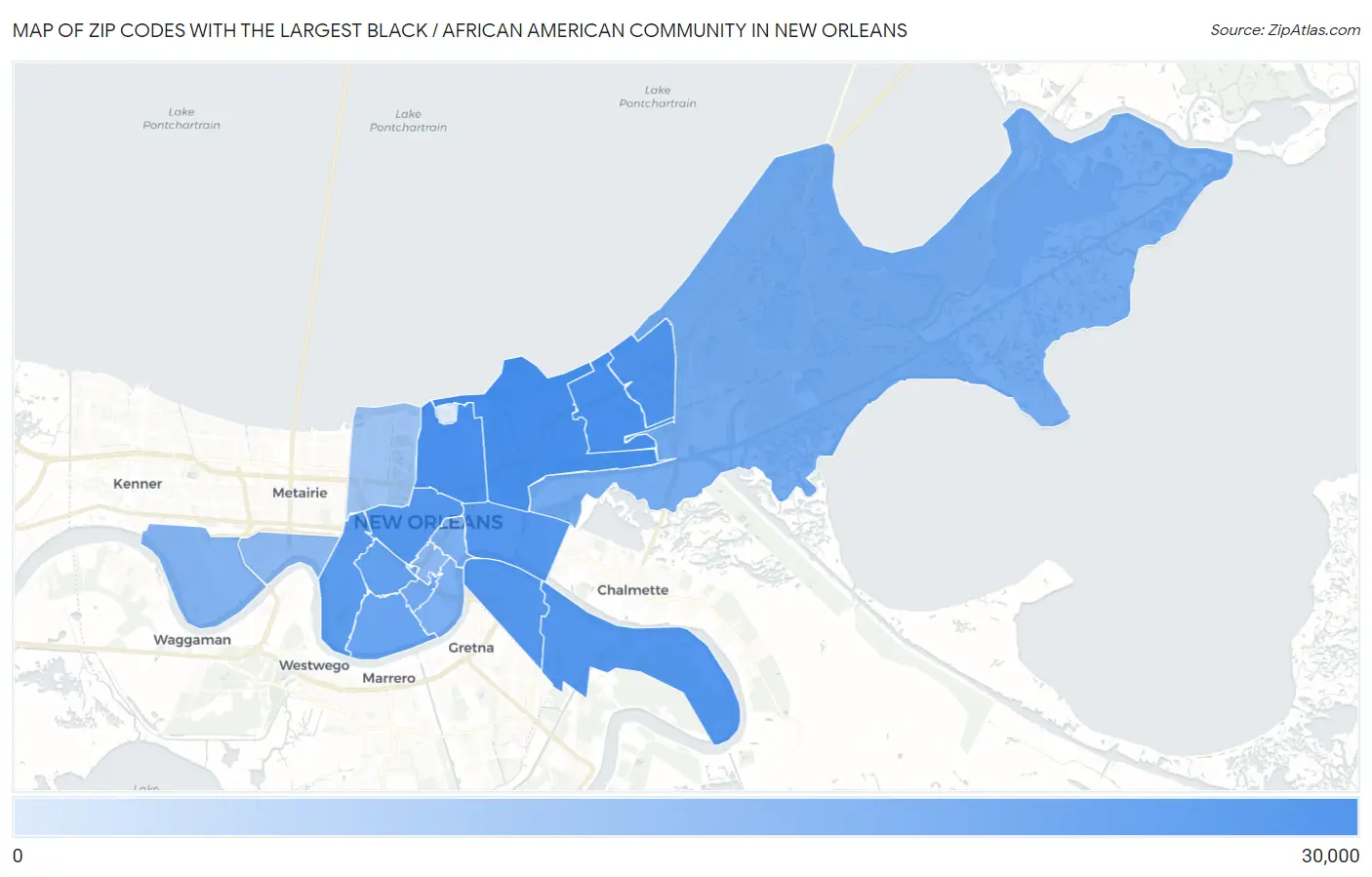 Zip Codes with the Largest Black / African American Community in New Orleans Map