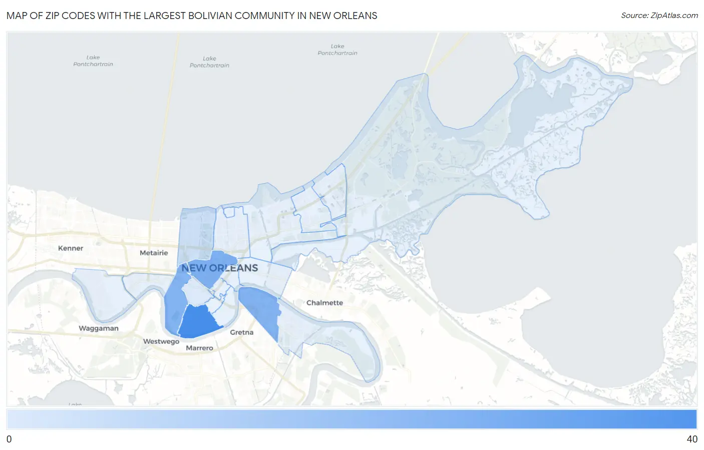 Zip Codes with the Largest Bolivian Community in New Orleans Map