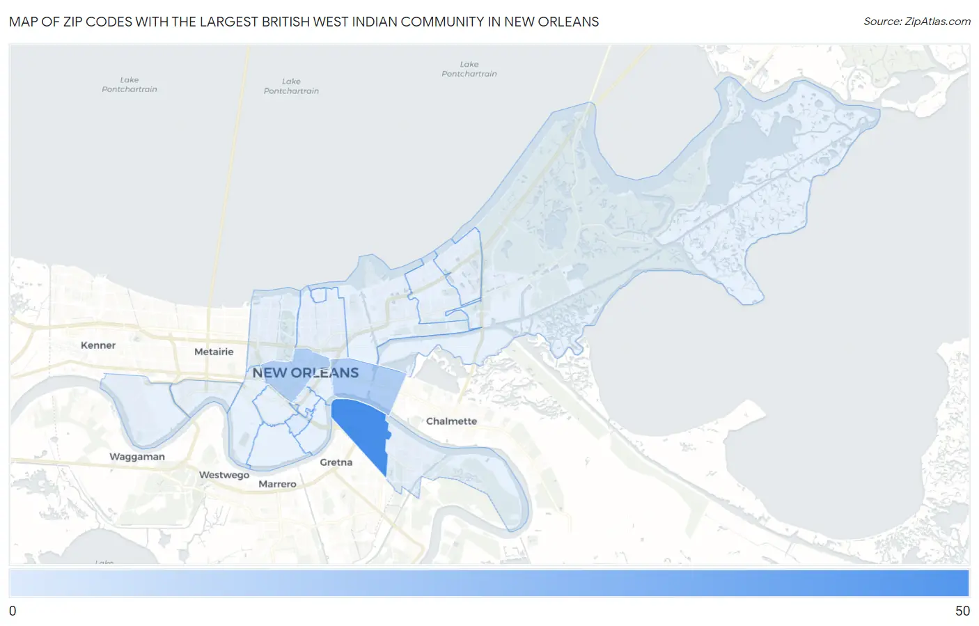 Zip Codes with the Largest British West Indian Community in New Orleans Map