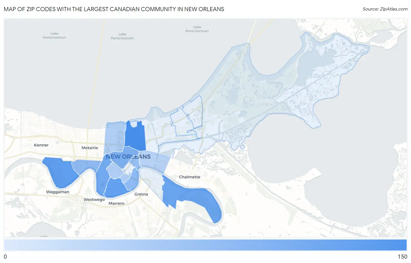 Zip Codes with the Largest Canadian Community in New Orleans Map