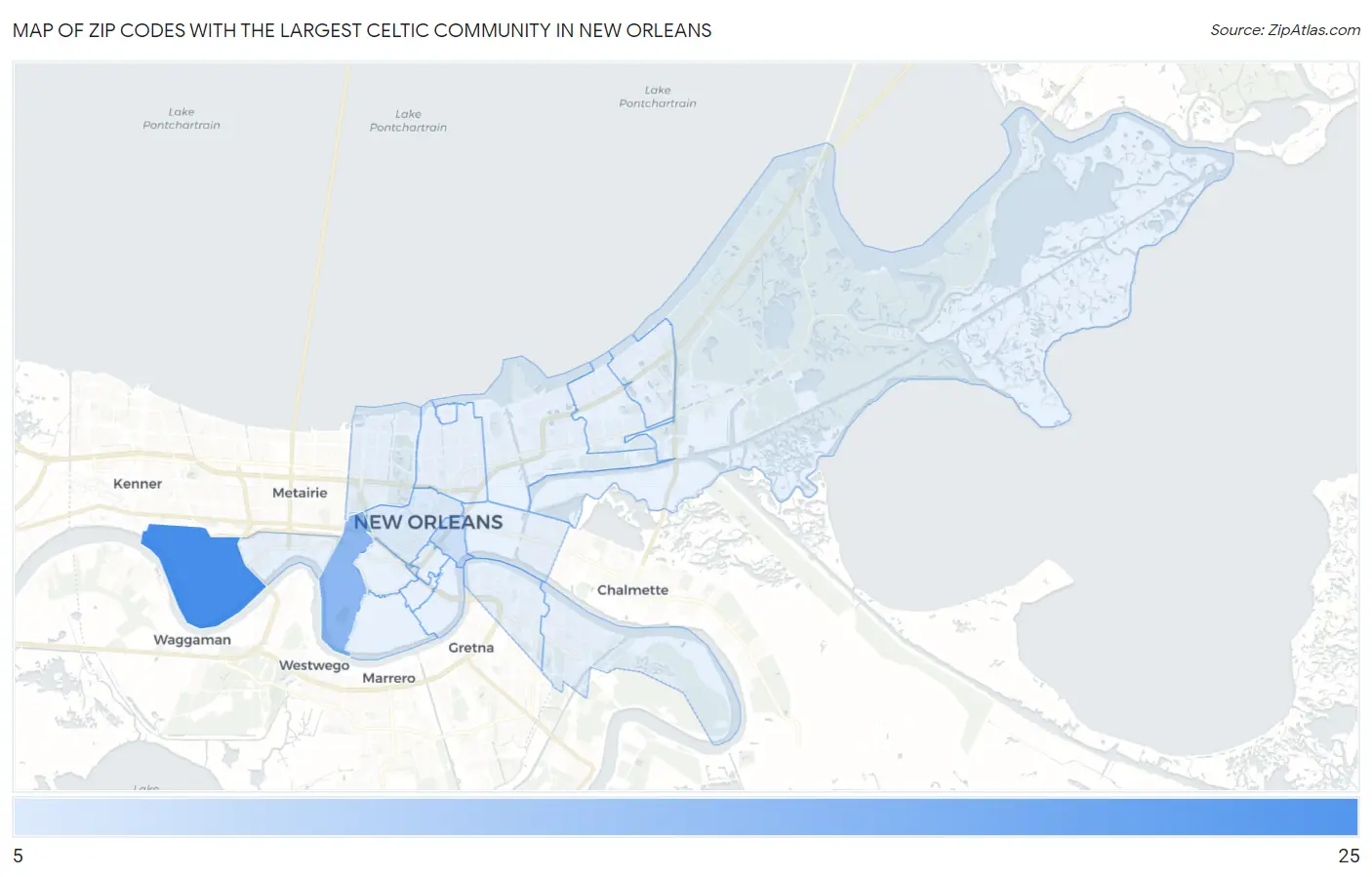 Zip Codes with the Largest Celtic Community in New Orleans Map