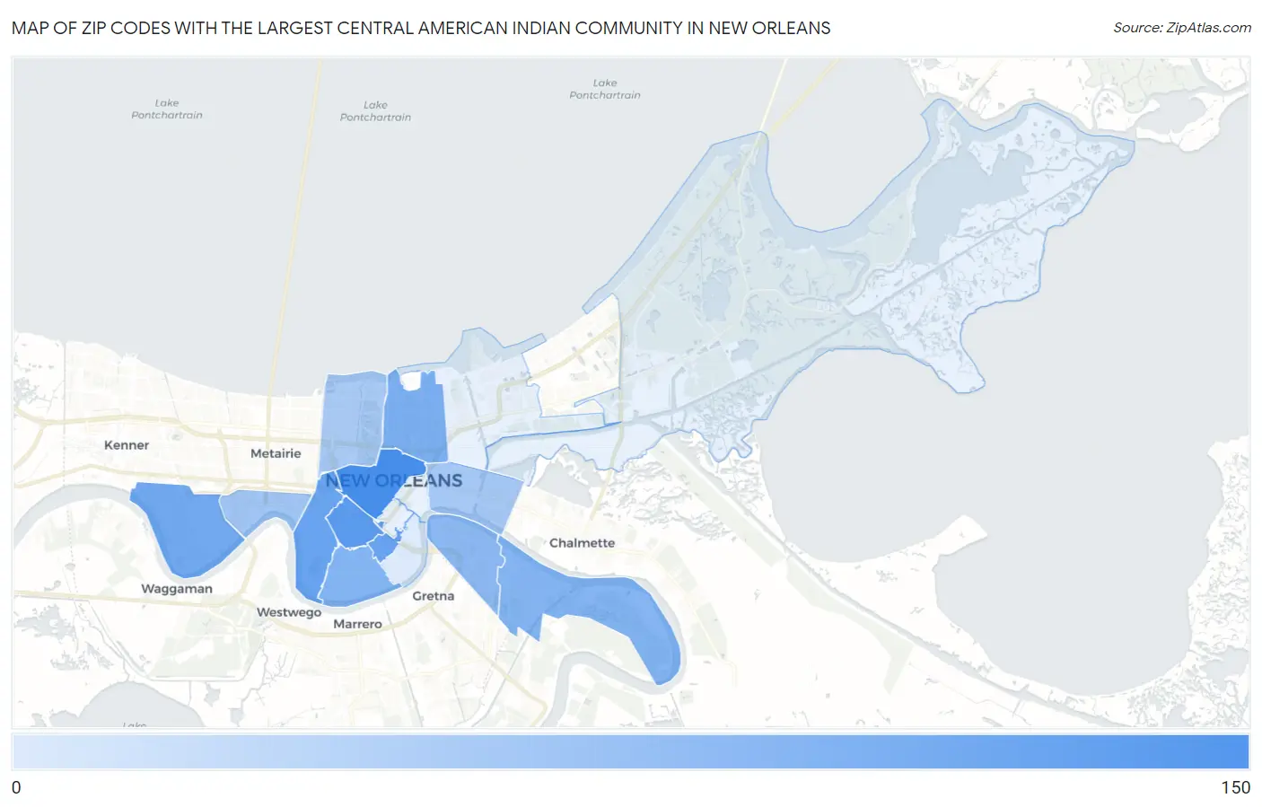 Zip Codes with the Largest Central American Indian Community in New Orleans Map